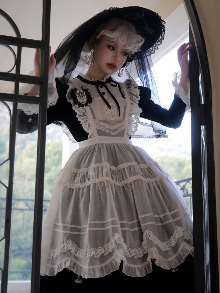 Cross and Candlestick Embroidery Black and White Gothic One Piece - Sukuroi