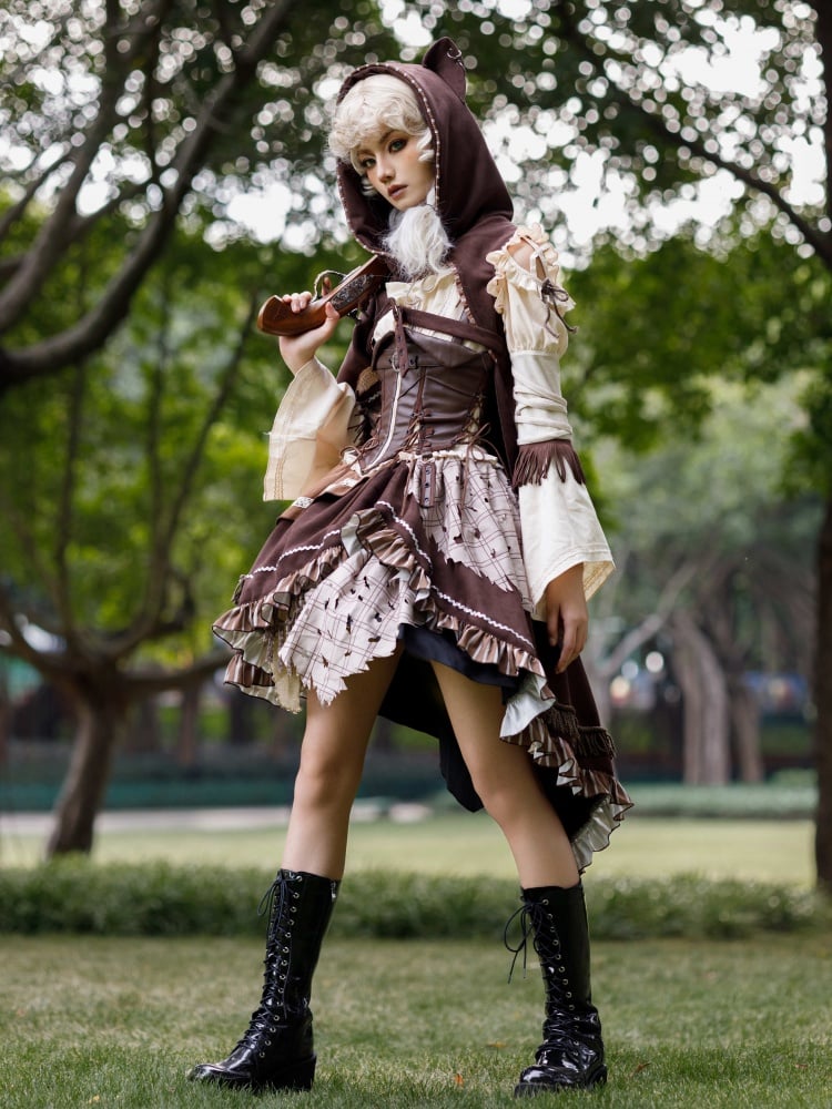 Brown Open Shoulders One Piece + Corset Belt + Cape Steampunk Hunter OP Full Set