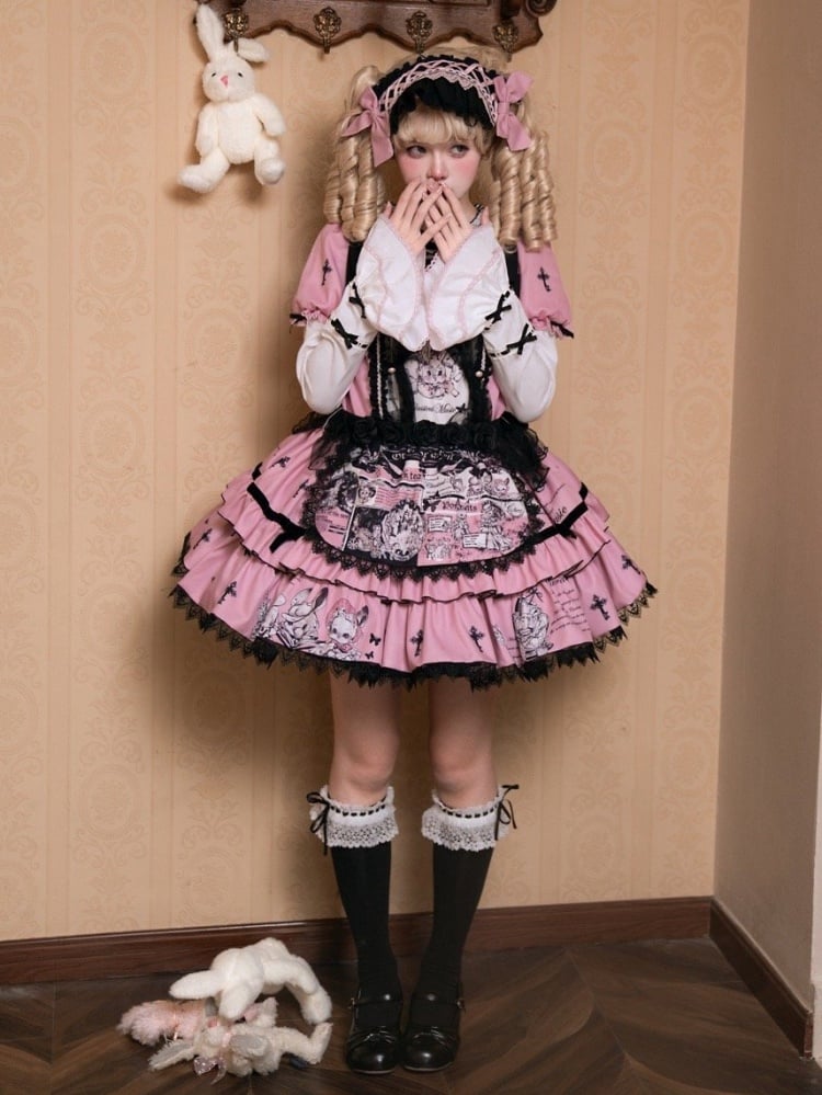 Black and Pink Cross and Bunny Print One Piece with Detachable Sleeves - Sukuroi