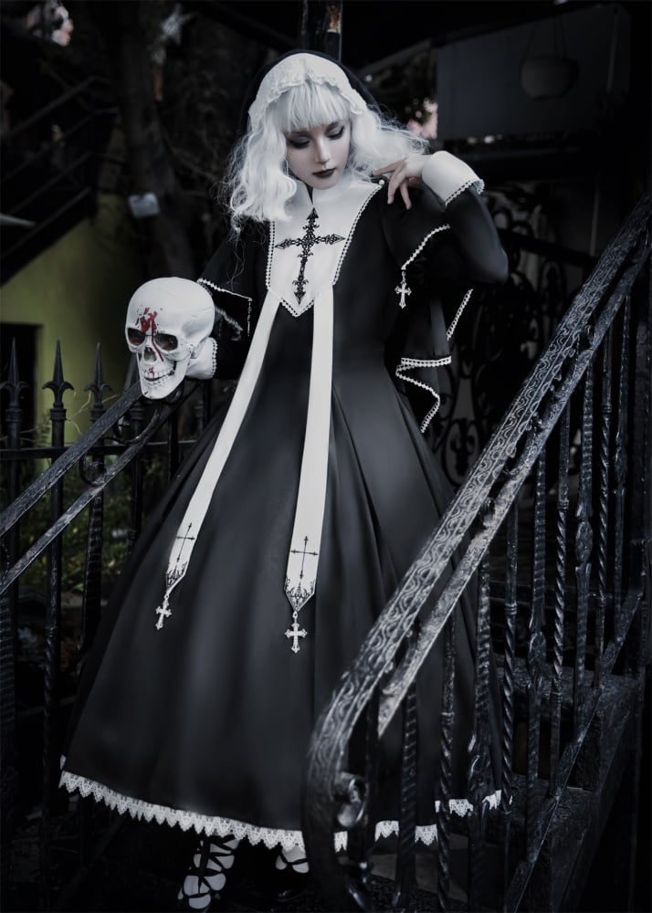 Black and White Cross Embroidery Gothic Nun Lolita Dress + Cape