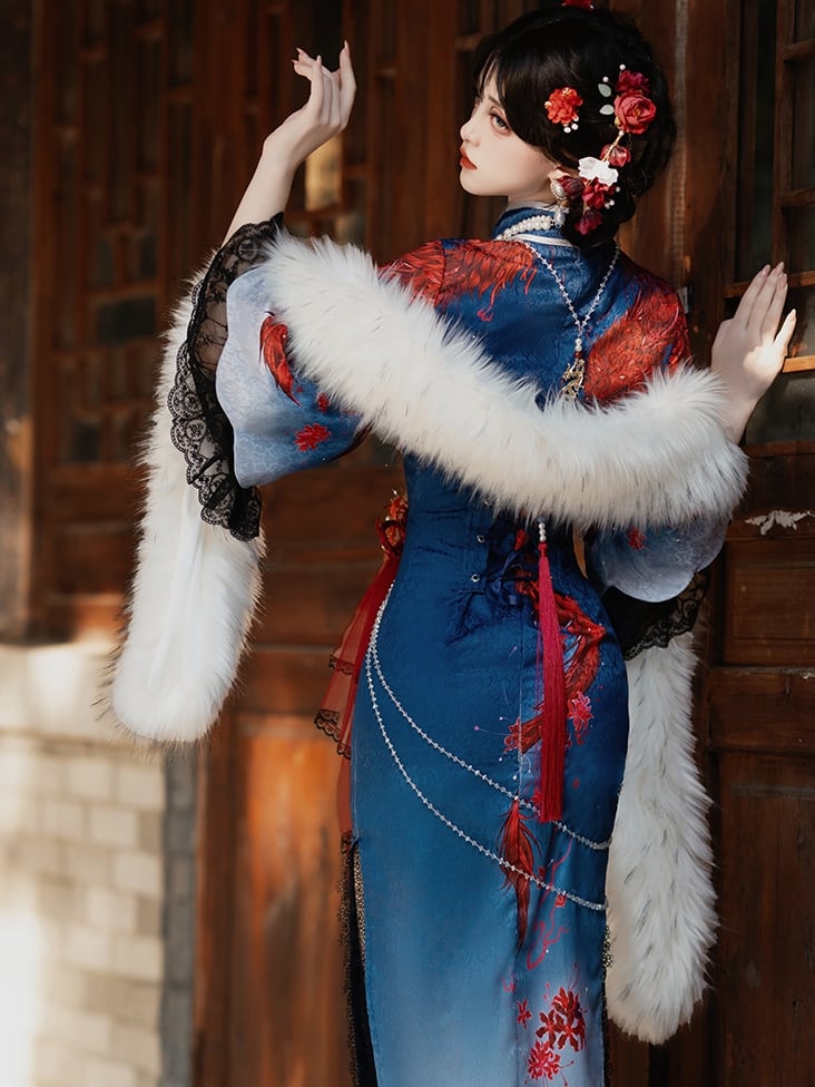 Blue and Red Chinoiserie Dragon Print Cheongsam Thigh-high Slit Qipao - Sukuroi