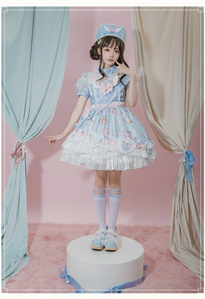 Light Blue Bunny Print One Piece Puff Sleeves Sweet Dress