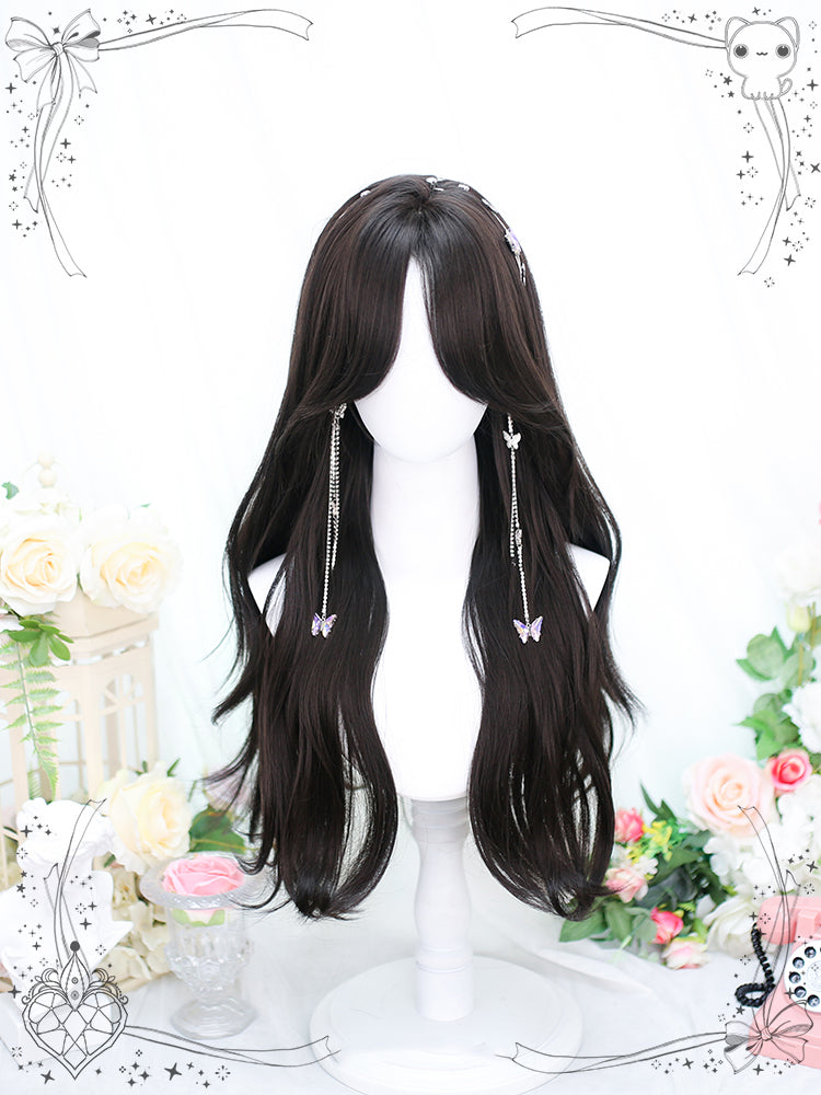 Curtain Bangs Black-brown Long Wavy Synthetic Wig