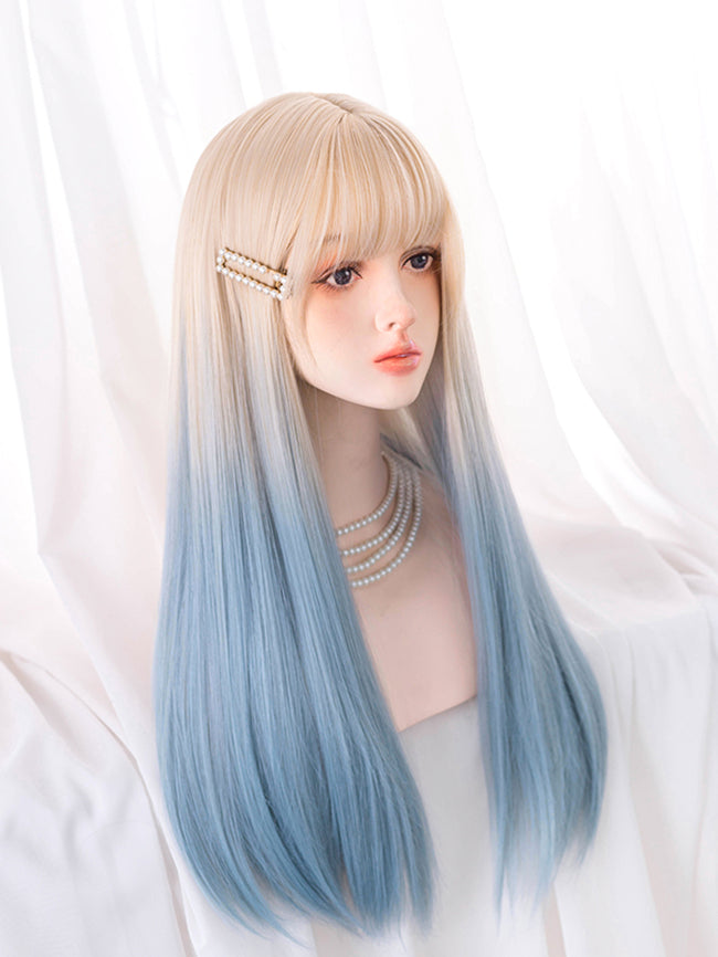 Apricot to Light Blue Ombre Long Straight Synthetic Wig