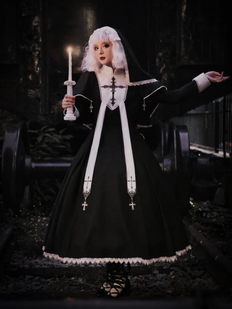 Black and White Cross Embroidery Gothic Nun Lolita Dress + Cape