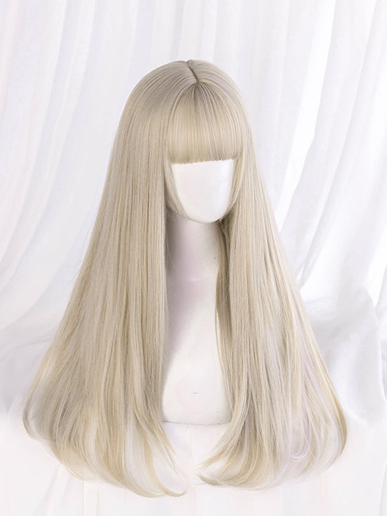 Silver White Highlight Gold Long Straight Synthetic Wig