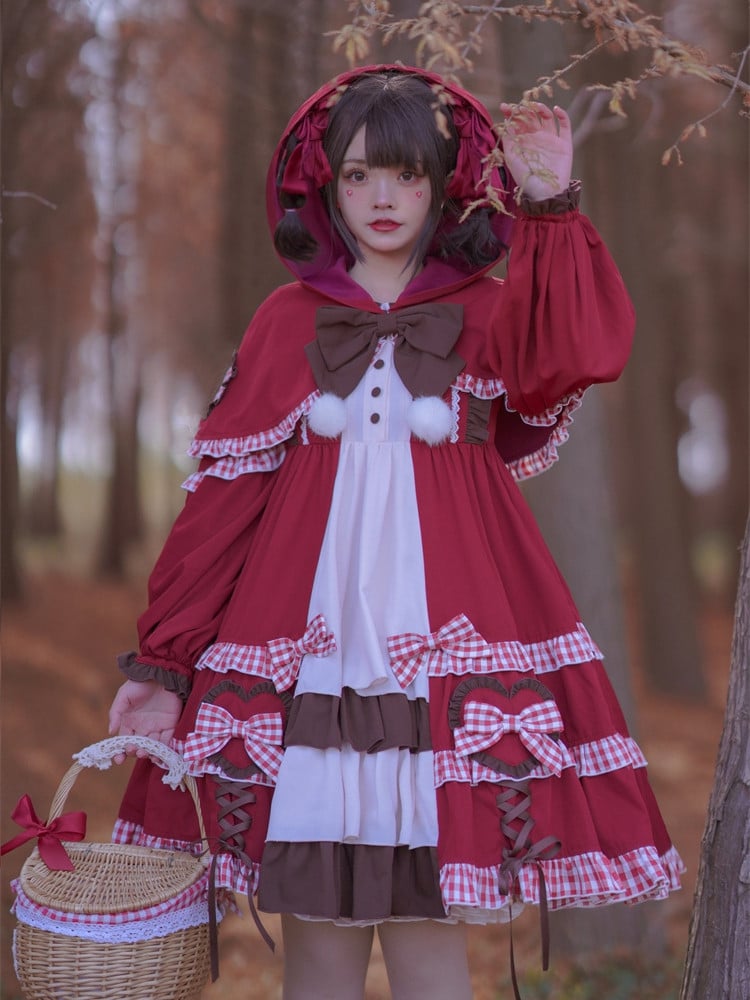 Little Red Riding Hood Full Set - Bowknot Details Empire Waist Sweet One Piece + Hooded Cape