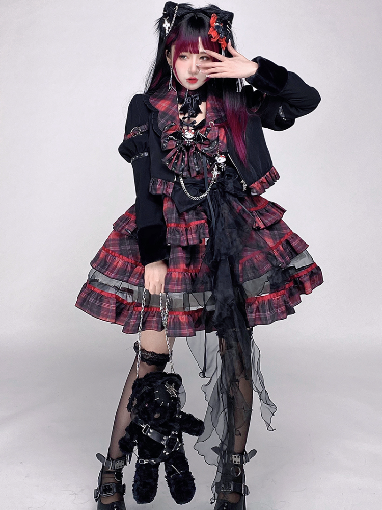 Rock Kitty Tiered Skirt Punk Jumper Skirt / Lapel Collar Jacket Full Set