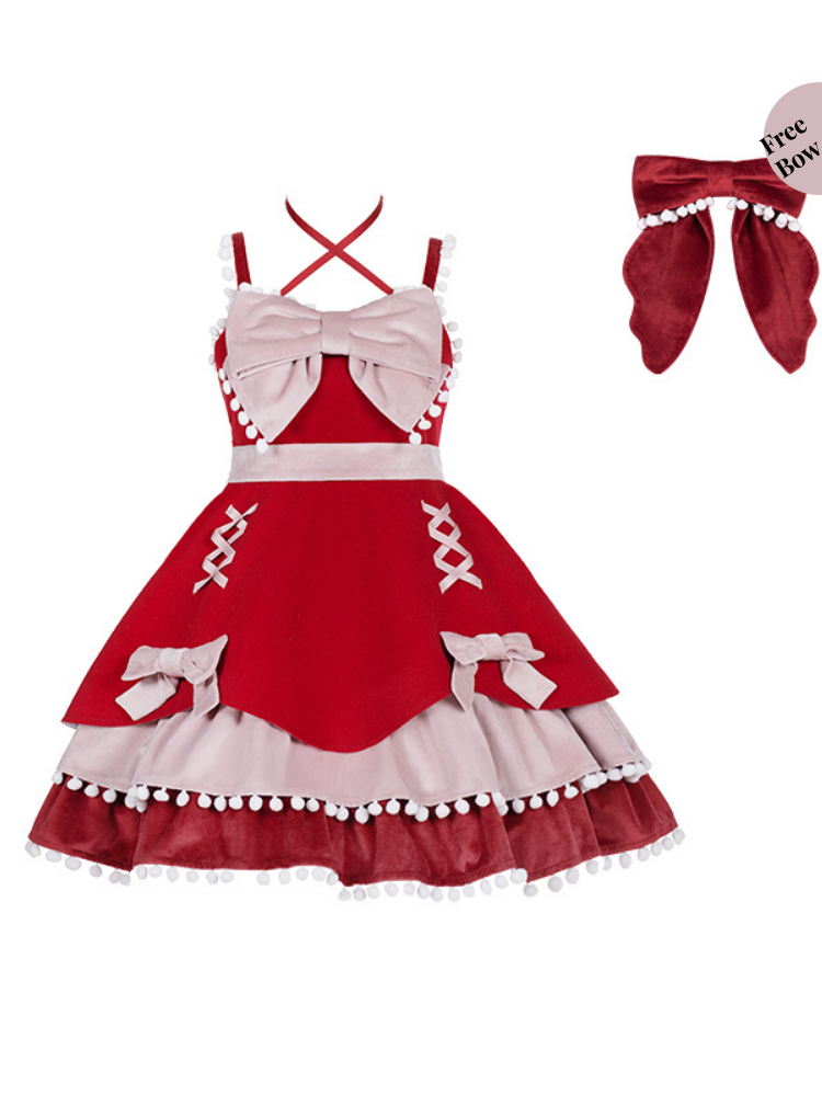 Pompom Trim Tiered Flounce Skirt Bowknot Sweet Winter Lolita Dress