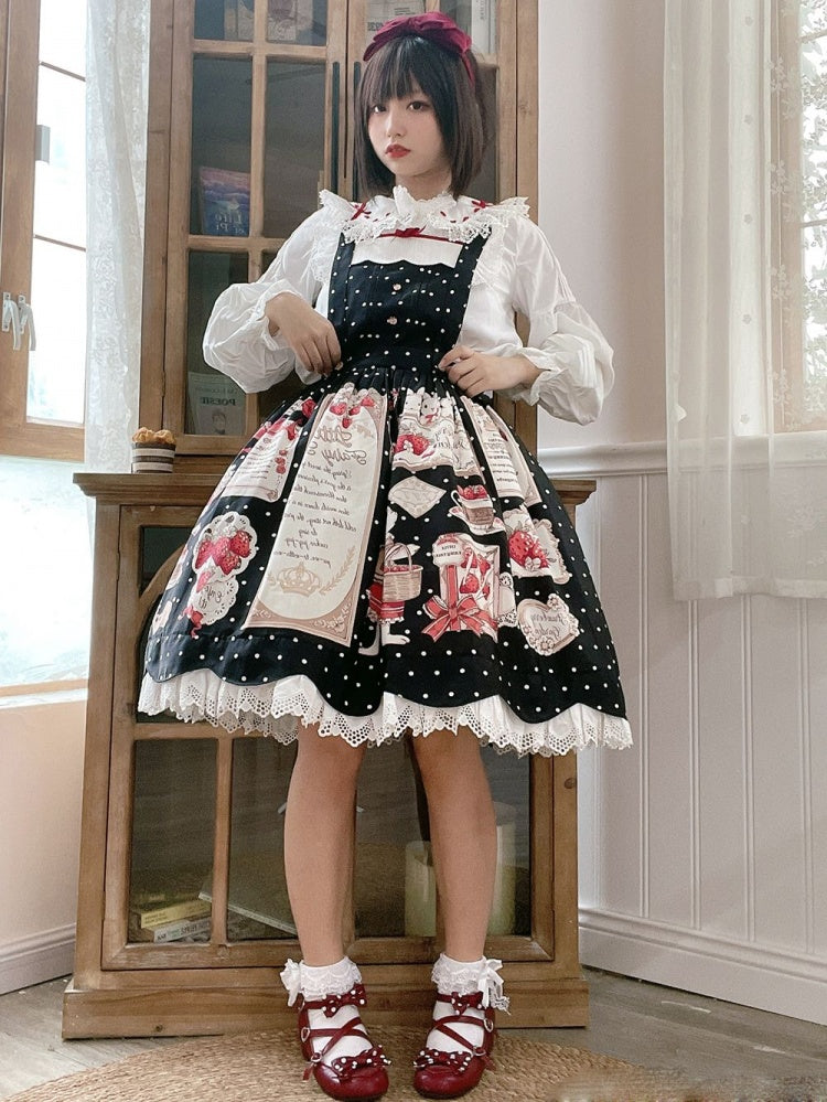 Black Bunny's Strawberry Invitation Detachable Bodice Lolita Polka-dot Pattern Overall Dress