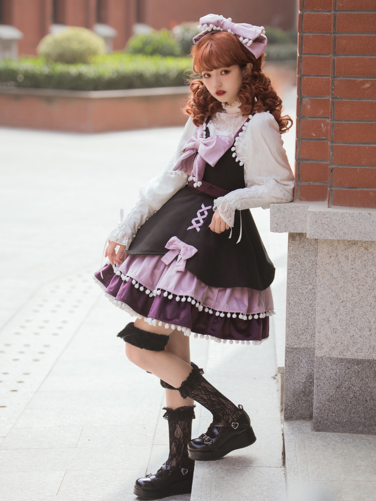 Pompom Trim Tiered Flounce Skirt Bowknot Sweet Winter Lolita Dress