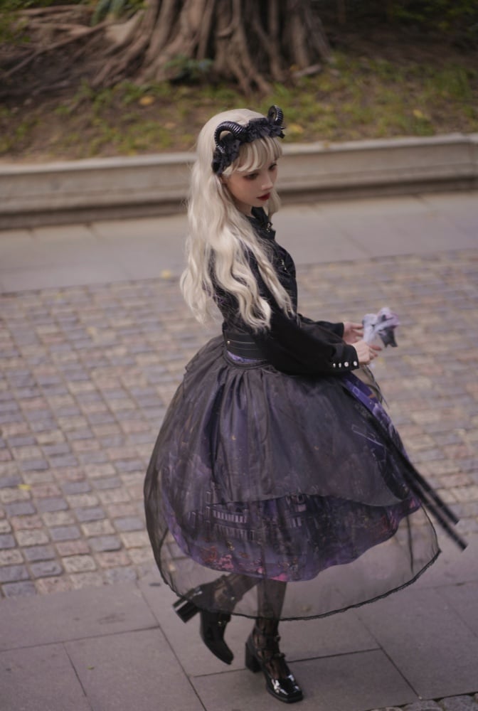 Witch Town Bat Collar Shirt / Tulle Overlay Gothic Jumper Skirt Set