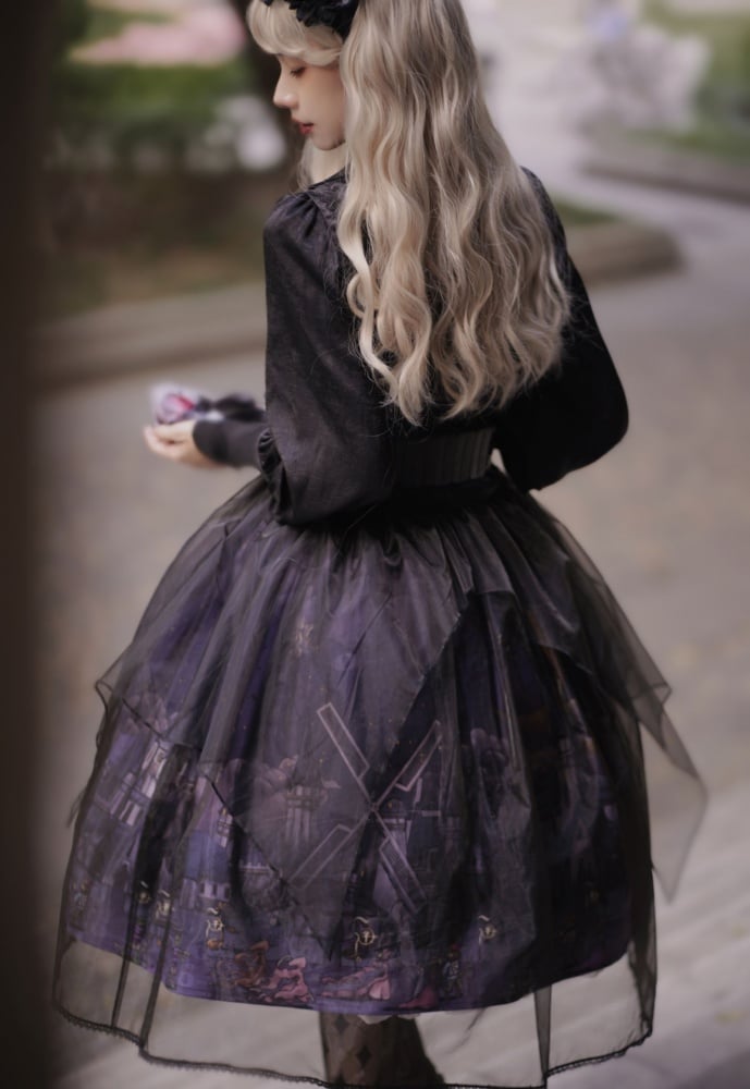 Witch Town Bat Collar Shirt / Tulle Overlay Gothic Jumper Skirt Set