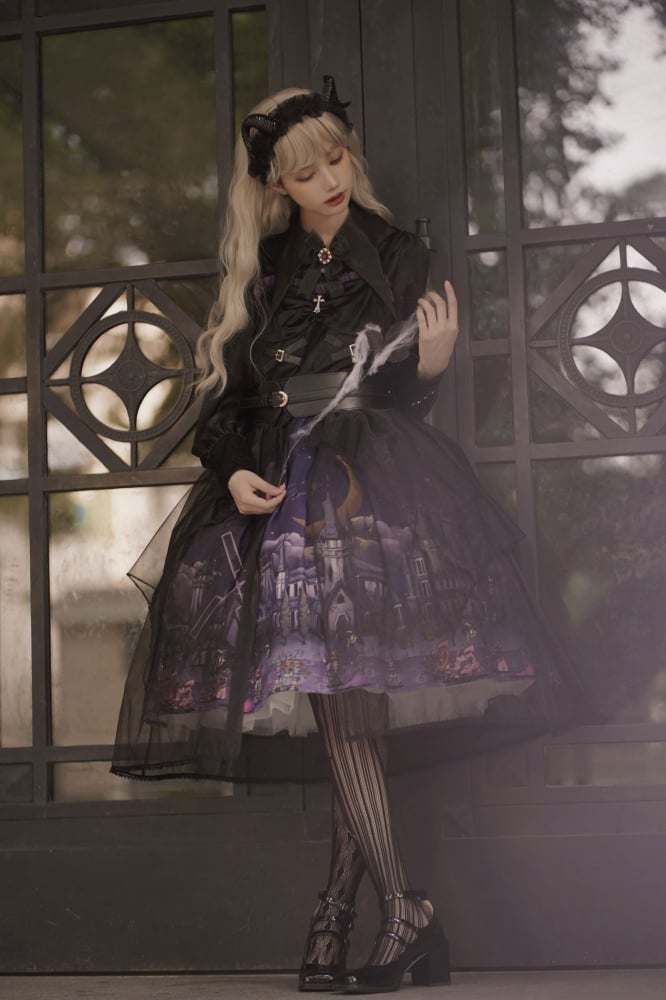 Witch Town Bat Collar Shirt / Tulle Overlay Gothic Jumper Skirt Set