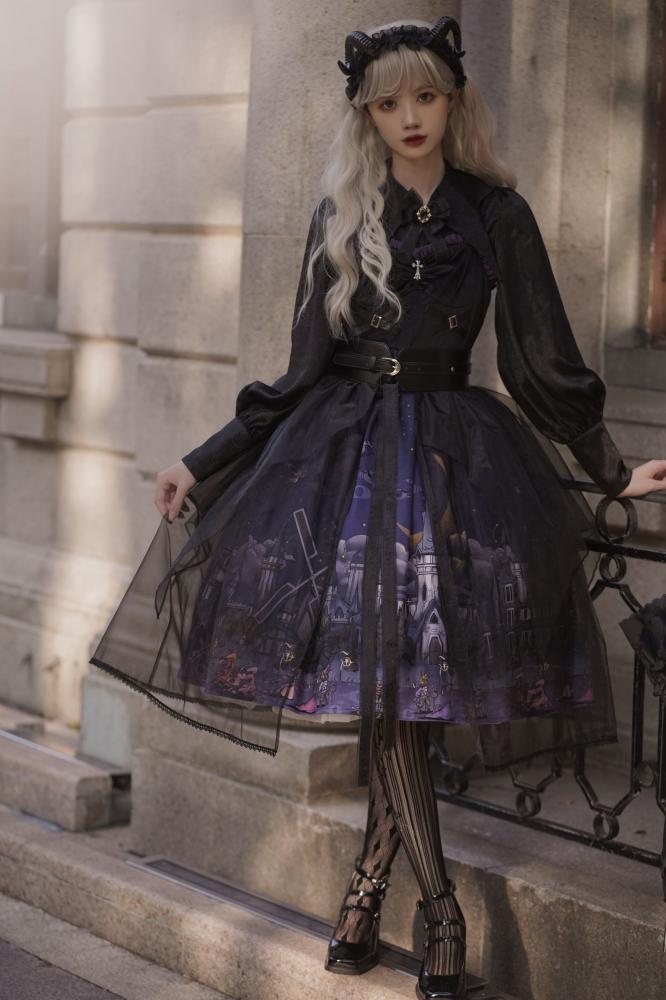 Witch Town Bat Collar Shirt / Tulle Overlay Gothic Jumper Skirt Set