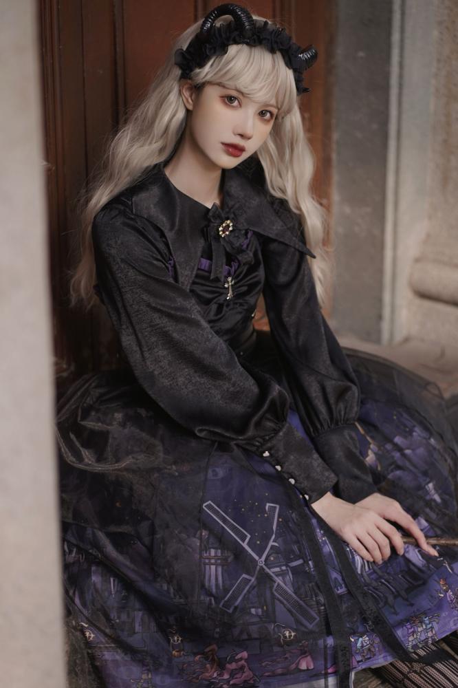 Witch Town Bat Collar Shirt / Tulle Overlay Gothic Jumper Skirt Set