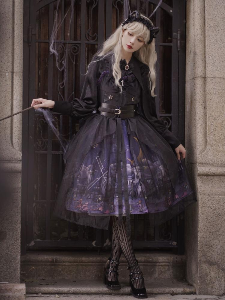 Witch Town Bat Collar Shirt / Tulle Overlay Gothic Jumper Skirt Set