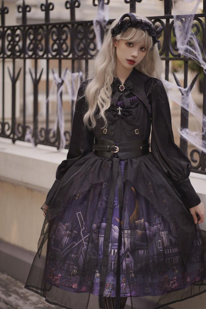 Witch Town Bat Collar Shirt / Tulle Overlay Gothic Jumper Skirt Set