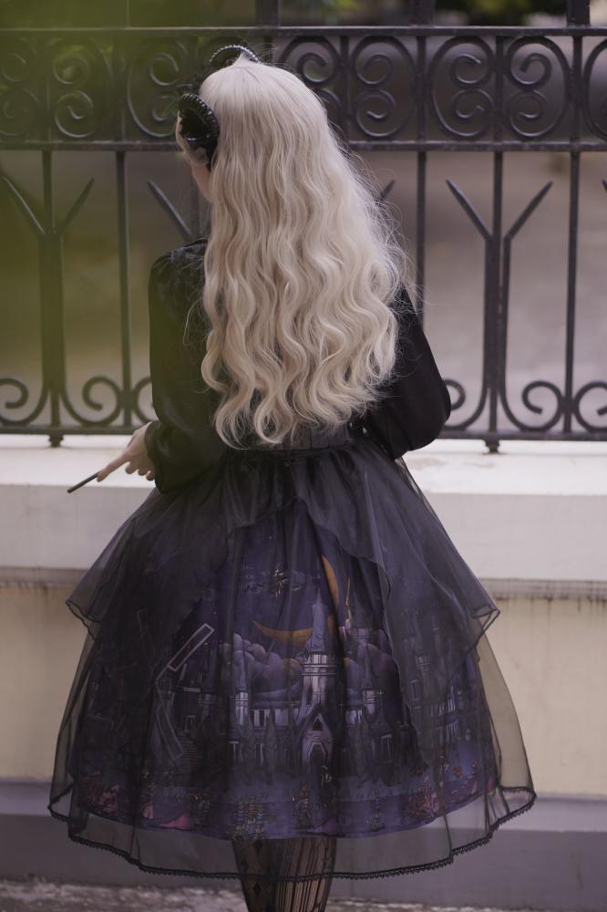 Witch Town Bat Collar Shirt / Tulle Overlay Gothic Jumper Skirt Set