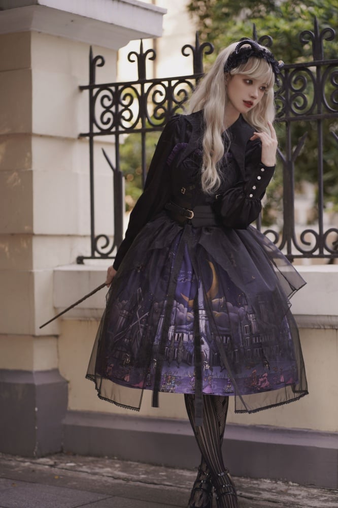 Witch Town Bat Collar Shirt / Tulle Overlay Gothic Jumper Skirt Set