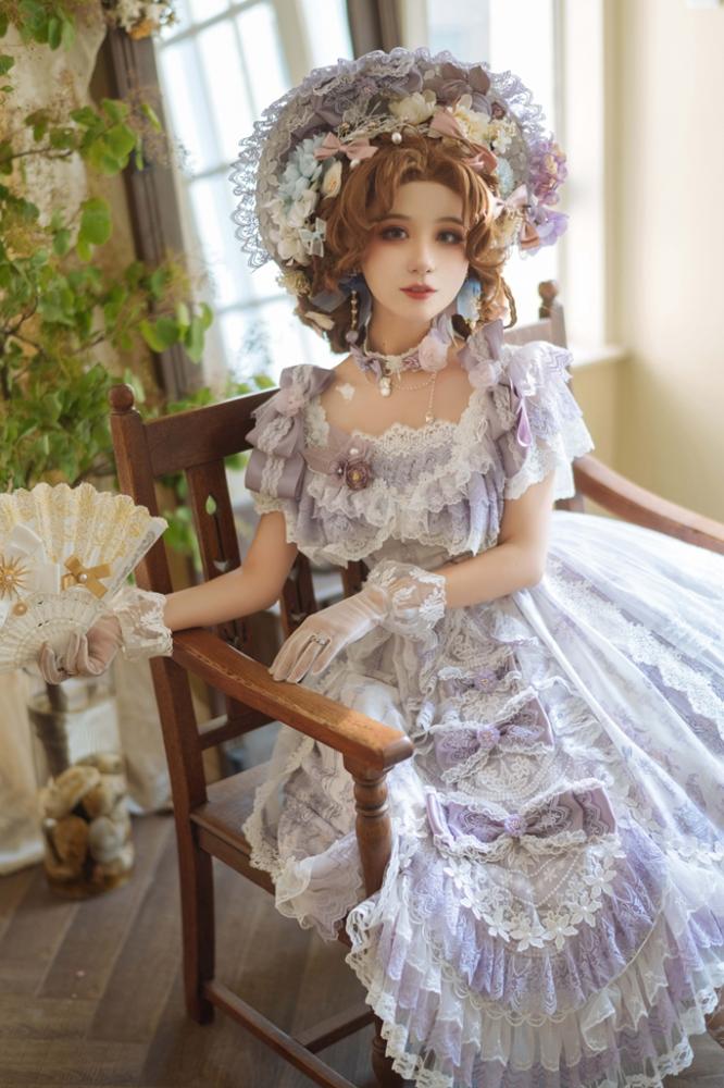 In Stock Key to the Fairyland Hime Lolita Dress Purple Flowy Short Lace Sleeves Lolita Dress Full Set