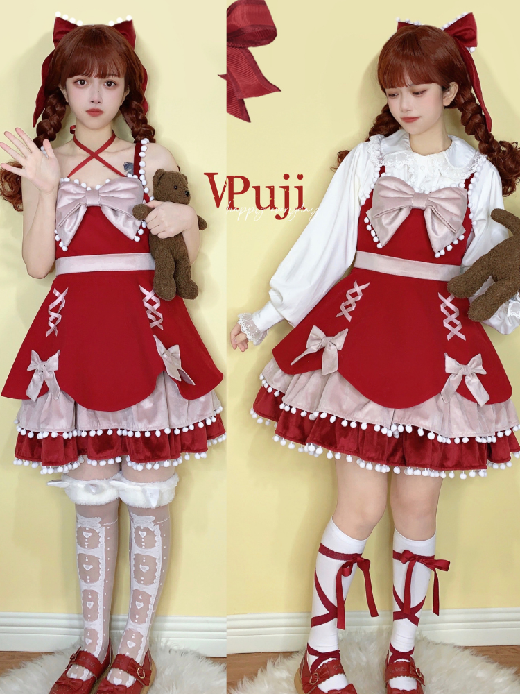 Pompom Trim Tiered Flounce Skirt Bowknot Sweet Winter Lolita Dress