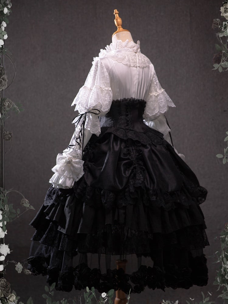 Black and White Drawstring Ruffle Hem One Piece + Corset Belt + Waistcoat