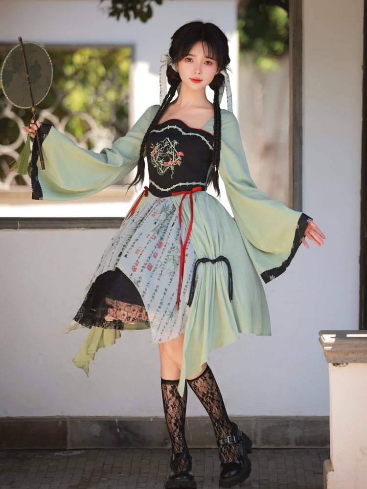 Green and Black Snake and Bamboo Embroidery Bodice Han Lolita Dress