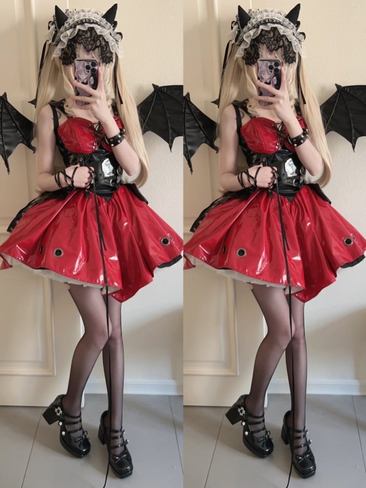 Red and Black Corset Waist Little Witch Patent Leather Jumper Skirt