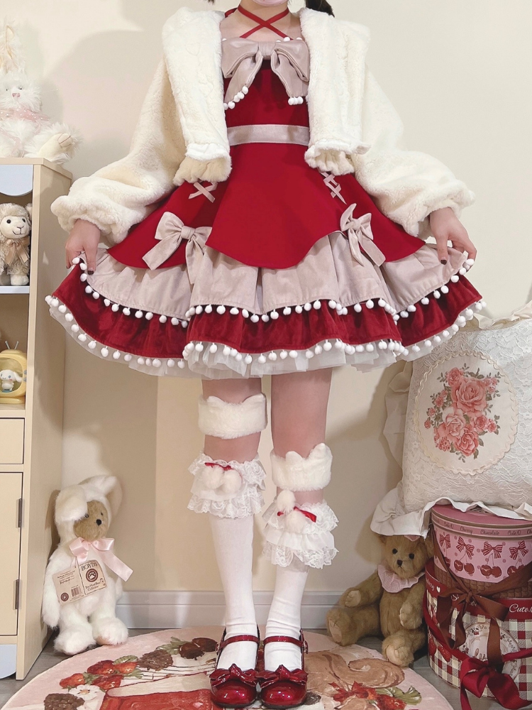 Pompom Trim Tiered Flounce Skirt Bowknot Sweet Winter Lolita Dress