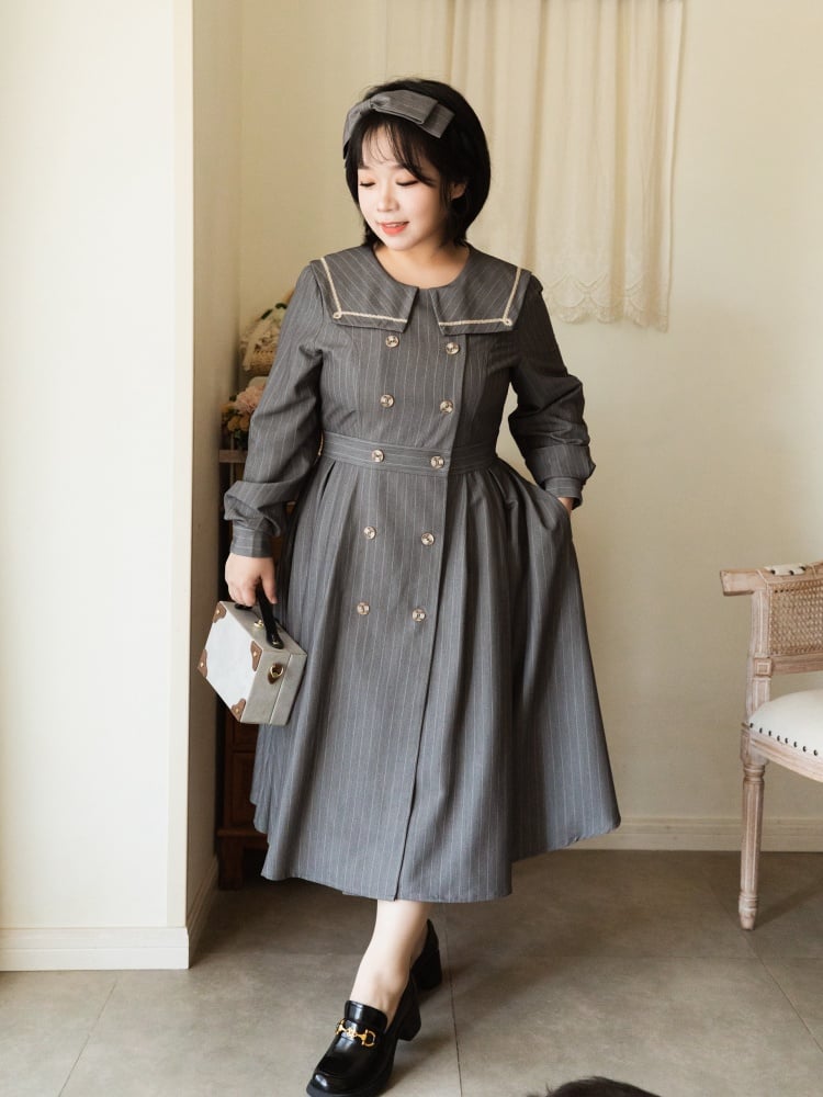 Gray Autumn Vintage Stripes Front Button Placket Dress