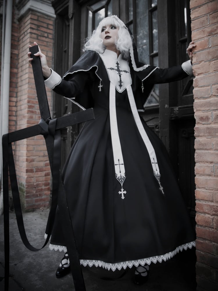 Black and White Cross Embroidery Gothic Nun Lolita Dress + Cape