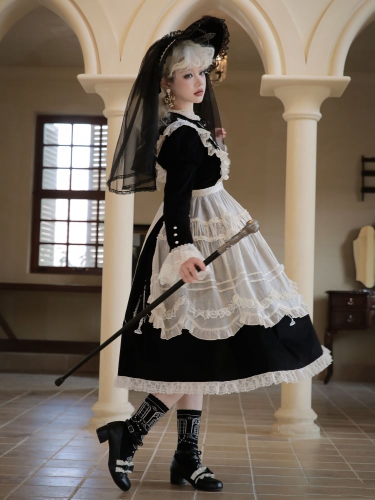 Cross and Candlestick Embroidery Black and White Gothic One Piece - Sukuroi