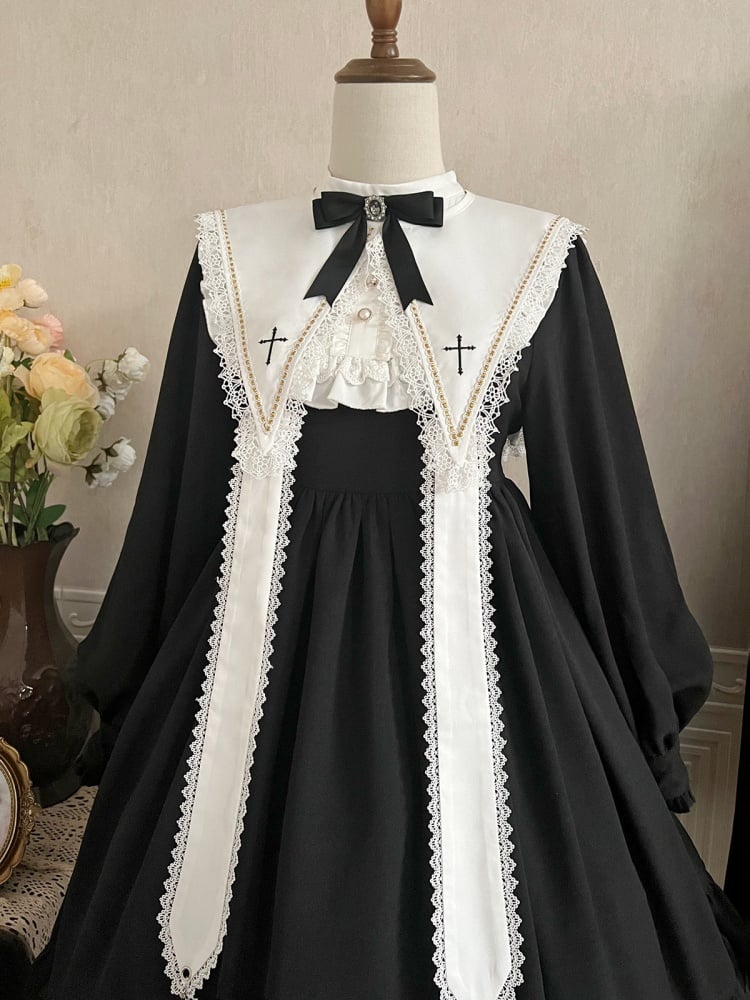 Black and White Cross Embroidery Pointed Collar with Straps One Piece