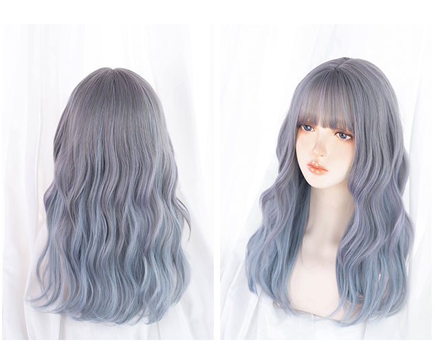 Ombre Gray to Purple Blue Medium Wavy Synthetic Wig