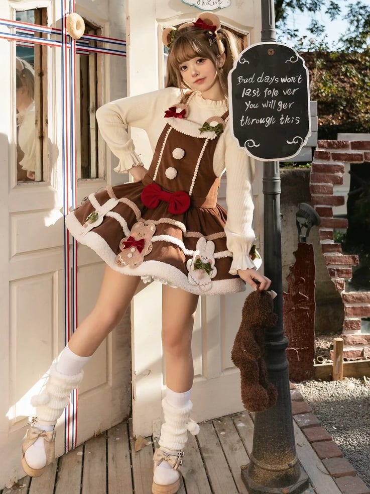 Christmas Teddy and Bunny Brown Overalls Sweet Winter Dress