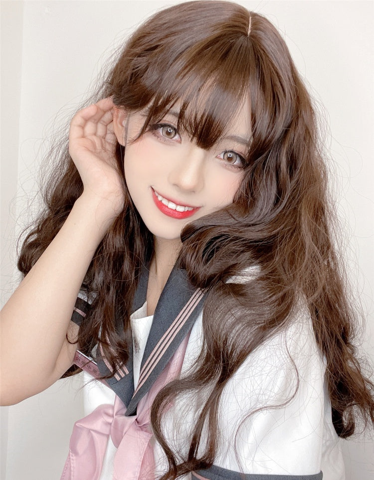 Long Wavy Dark Chocolate Brown Wig with Bangs