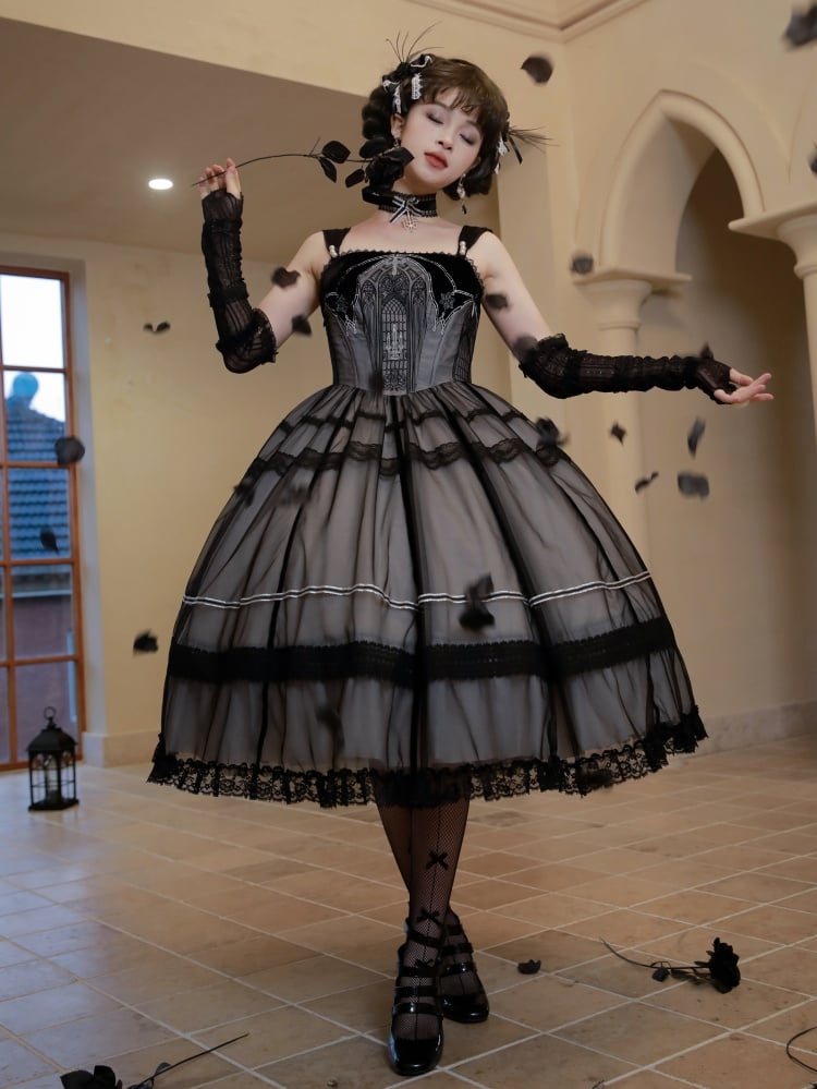 Black and Gray Church Window Embroidery Bodice Jumper Skirt - Sukuroi