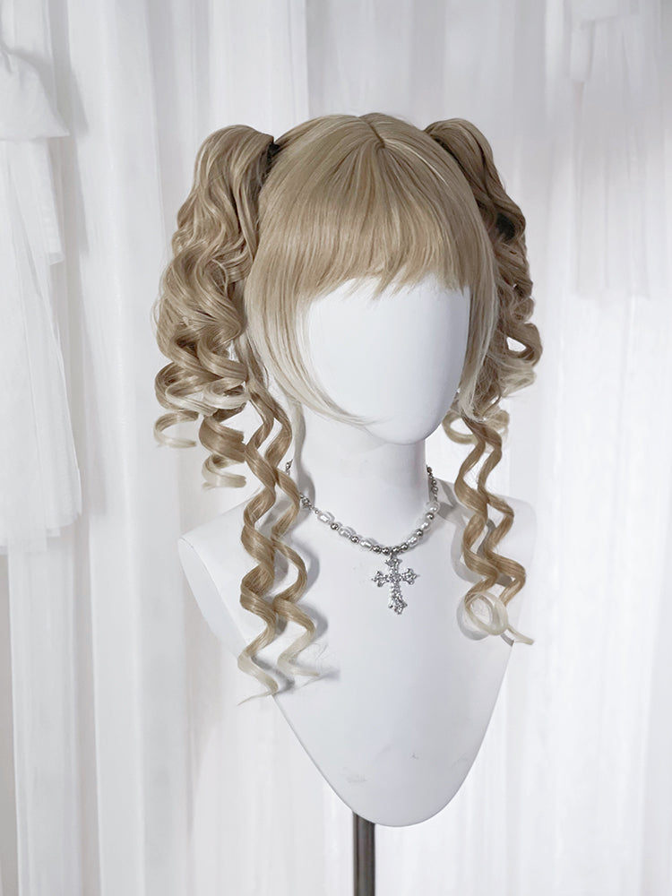 Brown and Blonde Curly Synthetic Wig with Detachable Ponytails