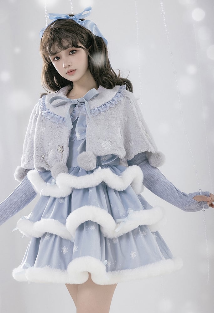 Blue Snowflake Print White Plush Trim Tiered Jumper Skirt - Sukuroi