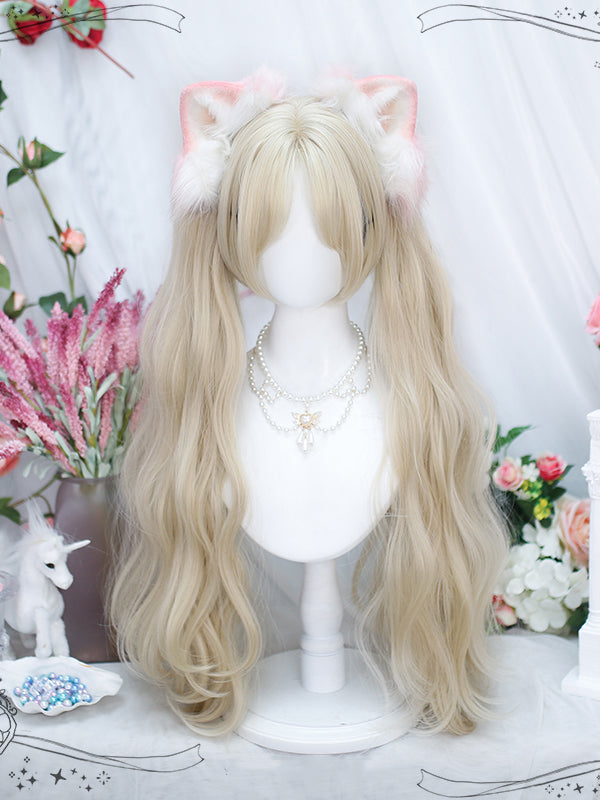 Pastel Color Chin Length Synthetic Wig + Long Wavy Double Ponytails