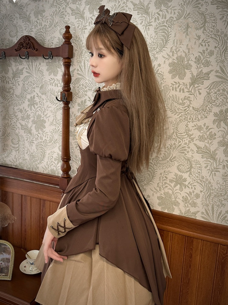 Dark Academia Fashion Brown Dress Two Pieces Set