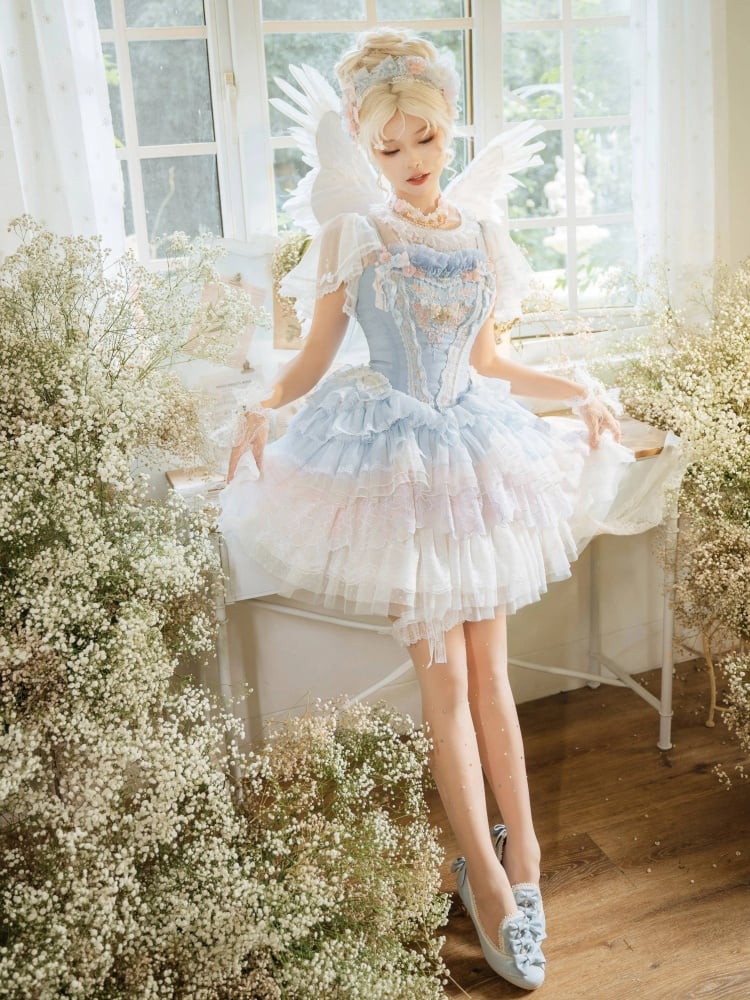 Blue Princess Corset Dress Floral Embroidery Jumper Skirt Full Set - Sukuroi