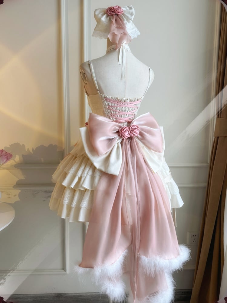 White and Pink Rosette Jumper Skirt Pastel Goth Jacquard Dress/Full Set with Birdcage Skirt