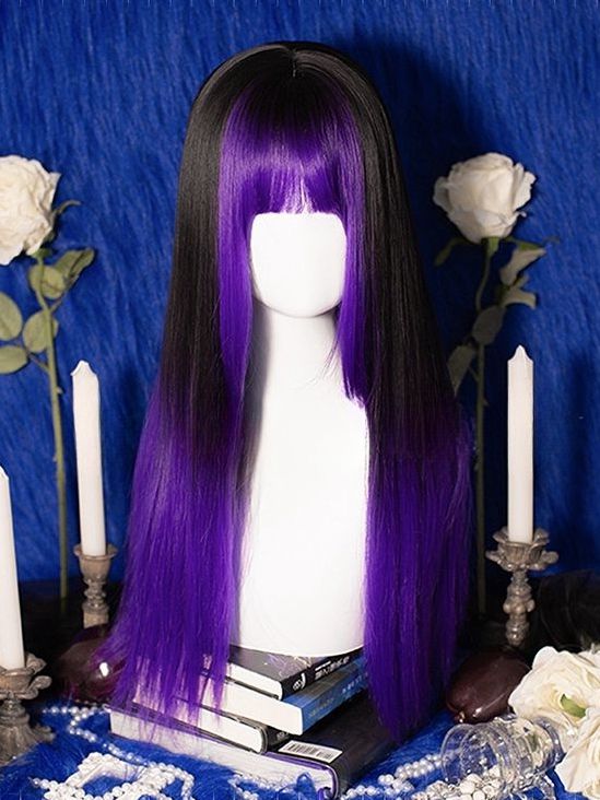 Black and Purple Ombre Hair Color Long Straight Synthetic Wig Halloween Witch Wig