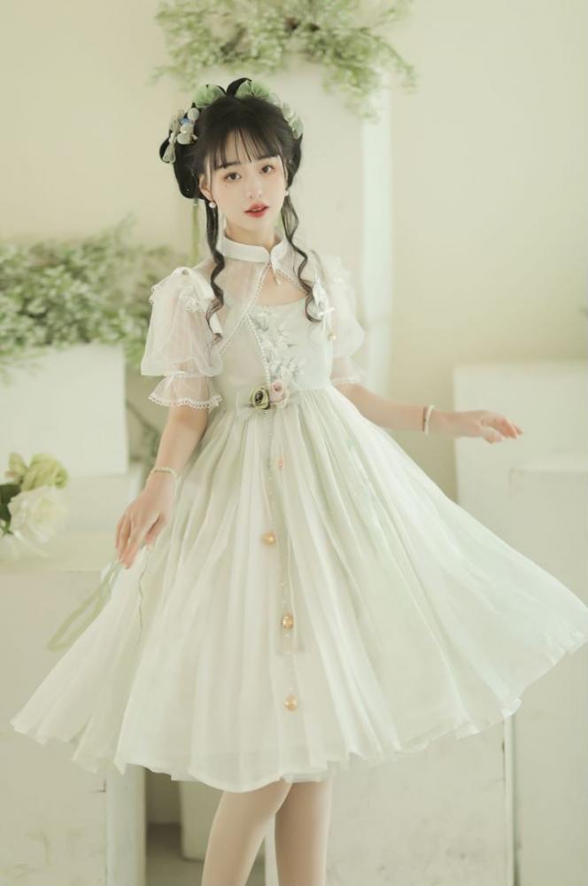 Green Floral Embroidery Dress + White Banded Collar Top