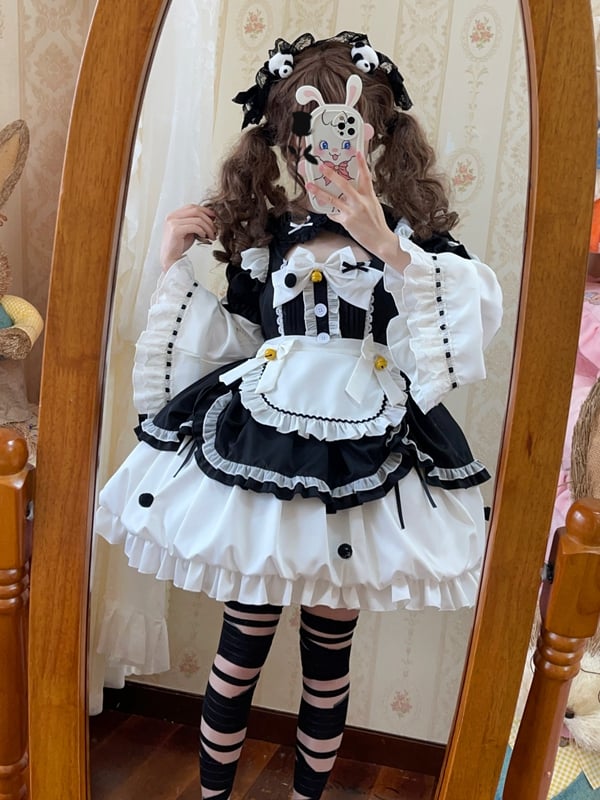 Black and White Sweet Maid One Piece with Sleeves and Apron