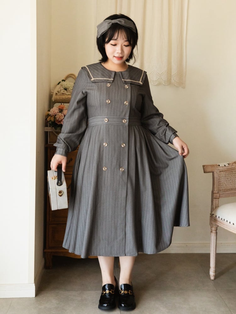 Gray Autumn Vintage Stripes Front Button Placket Dress