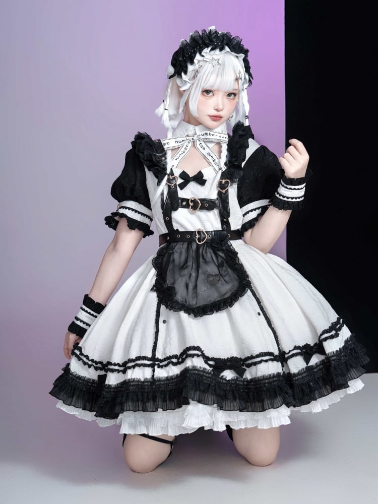 Black and White Punk Maid Dress Short One Piece + Black Apron - Sukuroi