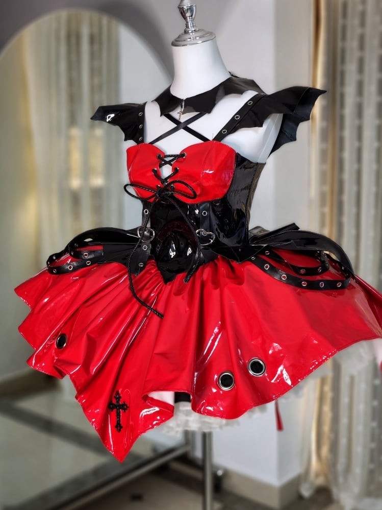 Red and Black Corset Waist Little Witch Patent Leather Jumper Skirt